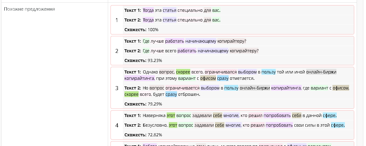 Сравнение уникальности по предложениям